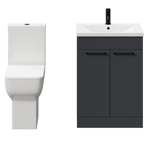 Alessio Gloss Grey 600mm Vanity Unit and Toilet Suite including Comfort Height Toilet and Floor Standing Vanity Unit with 2 Doors and Matt Black Handles Front View