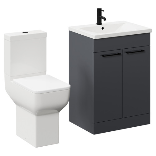 Alessio Gloss Grey 600mm Vanity Unit and Toilet Suite including Comfort Height Toilet and Floor Standing Vanity Unit with 2 Doors and Matt Black Handles Left Hand View