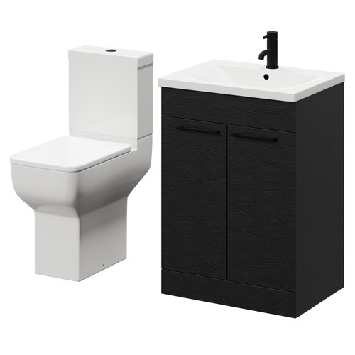 Alessio Nero Oak 600mm Vanity Unit and Toilet Suite including Comfort Height Toilet and Floor Standing Vanity Unit with 2 Doors and Matt Black Handles Right Hand View