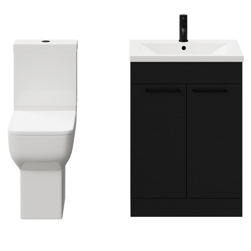 Alessio Nero Oak 600mm Vanity Unit and Toilet Suite including Comfort Height Toilet and Floor Standing Vanity Unit with 2 Doors and Matt Black Handles Front View