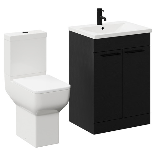 Alessio Nero Oak 600mm Vanity Unit and Toilet Suite including Comfort Height Toilet and Floor Standing Vanity Unit with 2 Doors and Matt Black Handles Left Hand View