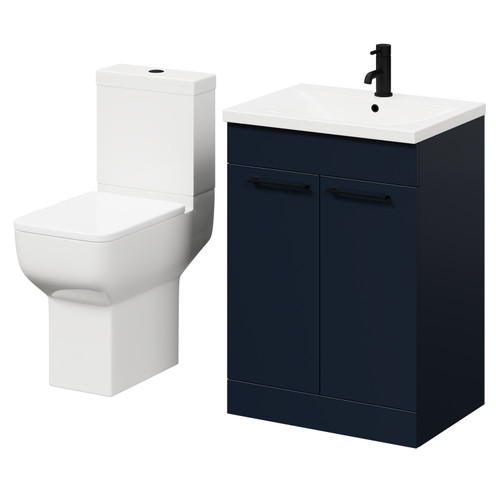 Alessio Deep Blue 600mm Vanity Unit and Toilet Suite including Comfort Height Toilet and Floor Standing Vanity Unit with 2 Doors and Matt Black Handles Right Hand View