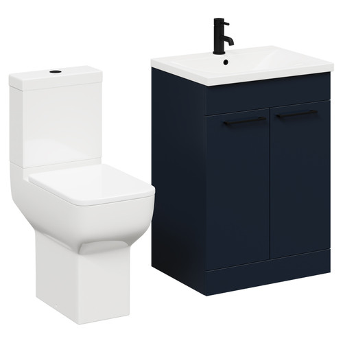 Alessio Deep Blue 600mm Vanity Unit and Toilet Suite including Comfort Height Toilet and Floor Standing Vanity Unit with 2 Doors and Matt Black Handles Left Hand View
