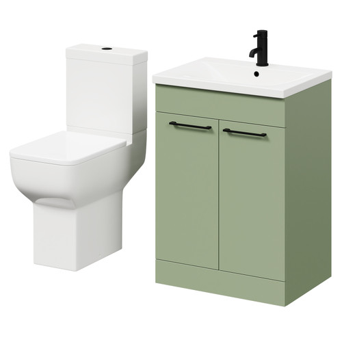 Alessio Olive Green 600mm Vanity Unit and Toilet Suite including Comfort Height Toilet and Floor Standing Vanity Unit with 2 Doors and Matt Black Handles Right Hand View