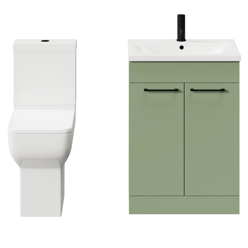Alessio Olive Green 600mm Vanity Unit and Toilet Suite including Comfort Height Toilet and Floor Standing Vanity Unit with 2 Doors and Matt Black Handles Front View
