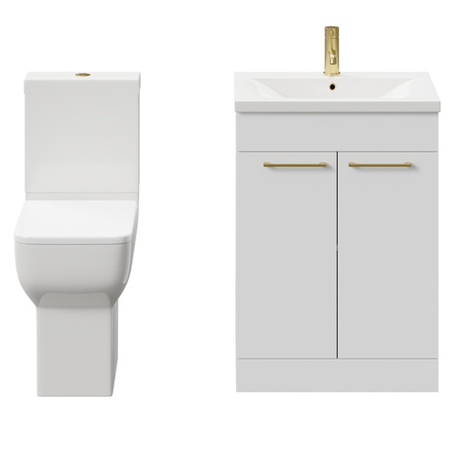 Alessio Gloss White 600mm Vanity Unit and Toilet Suite including Comfort Height Toilet and Floor Standing Vanity Unit with 2 Doors and Brushed Brass Handles Front View