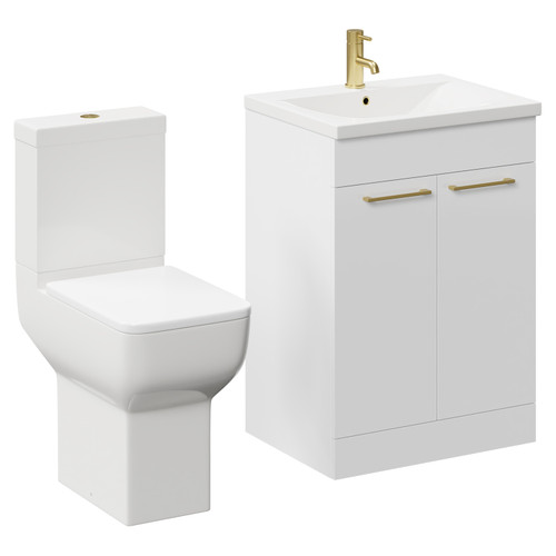 Alessio Gloss White 600mm Vanity Unit and Toilet Suite including Comfort Height Toilet and Floor Standing Vanity Unit with 2 Doors and Brushed Brass Handles Left Hand View