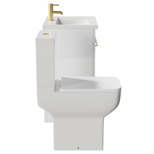 Alessio Gloss White 600mm Vanity Unit and Toilet Suite including Comfort Height Toilet and Floor Standing Vanity Unit with 2 Doors and Brushed Brass Handles Side View