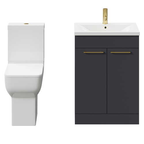 Alessio Gloss Grey 600mm Vanity Unit and Toilet Suite including Comfort Height Toilet and Floor Standing Vanity Unit with 2 Doors and Brushed Brass Handles Front View