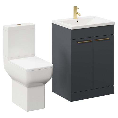 Alessio Gloss Grey 600mm Vanity Unit and Toilet Suite including Comfort Height Toilet and Floor Standing Vanity Unit with 2 Doors and Brushed Brass Handles Left Hand View