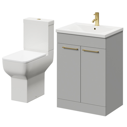 Alessio Gloss Grey Pearl 600mm Vanity Unit and Toilet Suite including Comfort Height Toilet and Floor Standing Vanity Unit with 2 Doors and Brushed Brass Handles Right Hand View