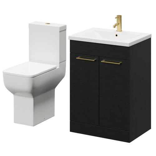 Alessio Nero Oak 600mm Vanity Unit and Toilet Suite including Comfort Height Toilet and Floor Standing Vanity Unit with 2 Doors and Brushed Brass Handles Right Hand View