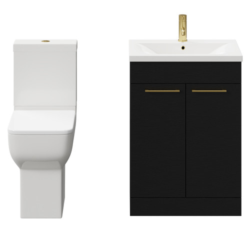 Alessio Nero Oak 600mm Vanity Unit and Toilet Suite including Comfort Height Toilet and Floor Standing Vanity Unit with 2 Doors and Brushed Brass Handles Front View