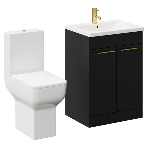 Alessio Nero Oak 600mm Vanity Unit and Toilet Suite including Comfort Height Toilet and Floor Standing Vanity Unit with 2 Doors and Brushed Brass Handles Left Hand View