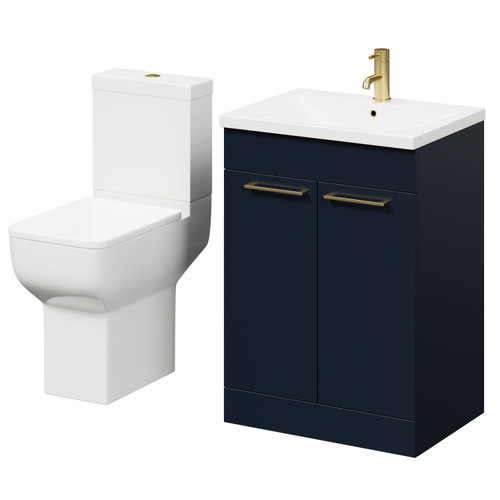 Alessio Deep Blue 600mm Vanity Unit and Toilet Suite including Comfort Height Toilet and Floor Standing Vanity Unit with 2 Doors and Brushed Brass Handles Right Hand View