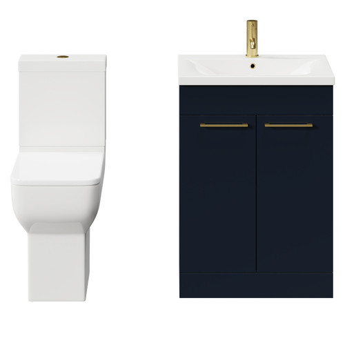 Alessio Deep Blue 600mm Vanity Unit and Toilet Suite including Comfort Height Toilet and Floor Standing Vanity Unit with 2 Doors and Brushed Brass Handles Front View