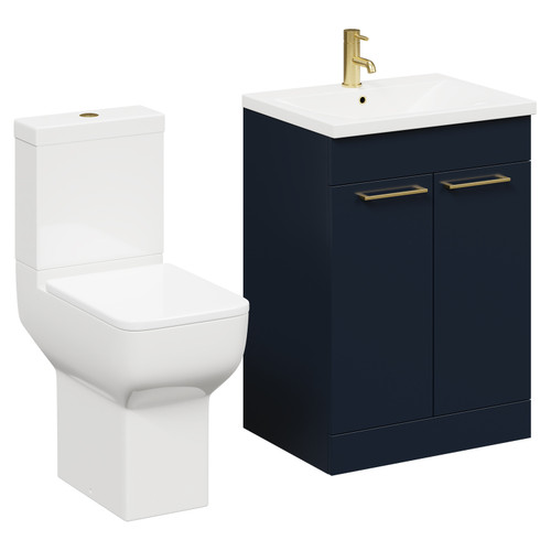 Alessio Deep Blue 600mm Vanity Unit and Toilet Suite including Comfort Height Toilet and Floor Standing Vanity Unit with 2 Doors and Brushed Brass Handles Left Hand View