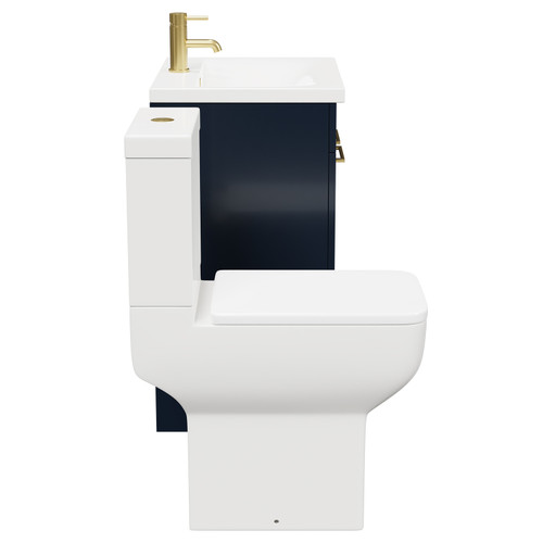 Alessio Deep Blue 600mm Vanity Unit and Toilet Suite including Comfort Height Toilet and Floor Standing Vanity Unit with 2 Doors and Brushed Brass Handles Side View