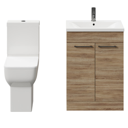 Alessio Bordalino Oak 600mm Vanity Unit and Toilet Suite including Comfort Height Toilet and Floor Standing Vanity Unit with 2 Doors and Gunmetal Grey Handles Front View
