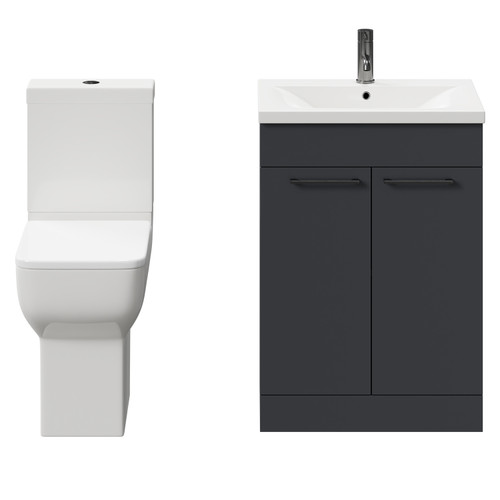 Alessio Gloss Grey 600mm Vanity Unit and Toilet Suite including Comfort Height Toilet and Floor Standing Vanity Unit with 2 Doors and Gunmetal Grey Handles Front View