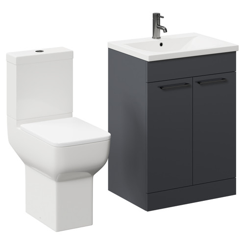 Alessio Gloss Grey 600mm Vanity Unit and Toilet Suite including Comfort Height Toilet and Floor Standing Vanity Unit with 2 Doors and Gunmetal Grey Handles Left Hand View