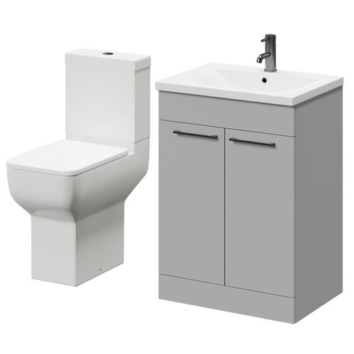 Alessio Gloss Grey Pearl 600mm Vanity Unit and Toilet Suite including Comfort Height Toilet and Floor Standing Vanity Unit with 2 Doors and Gunmetal Grey Handles Right Hand View