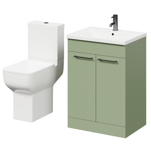 Alessio Olive Green 600mm Vanity Unit and Toilet Suite including Comfort Height Toilet and Floor Standing Vanity Unit with 2 Doors and Gunmetal Grey Handles Right Hand View