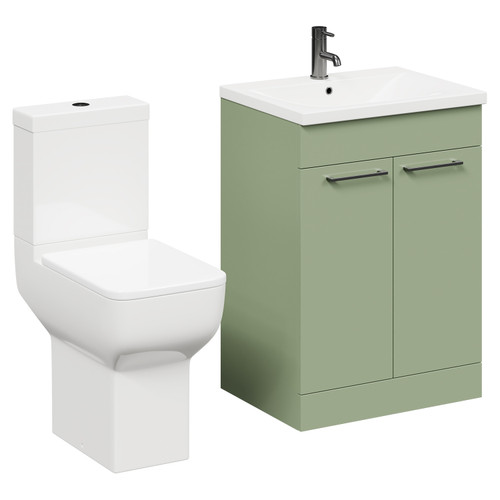 Alessio Olive Green 600mm Vanity Unit and Toilet Suite including Comfort Height Toilet and Floor Standing Vanity Unit with 2 Doors and Gunmetal Grey Handles Left Hand View