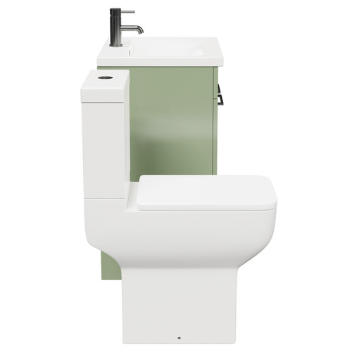 Alessio Olive Green 600mm Vanity Unit and Toilet Suite including Comfort Height Toilet and Floor Standing Vanity Unit with 2 Doors and Gunmetal Grey Handles Side View