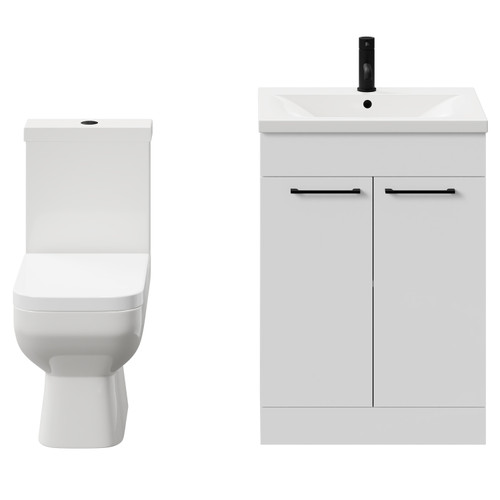Turin Gloss White 600mm Floor Standing Vanity Unit and Toilet Suite with 1 Tap Hole Basin and 2 Doors with Matt Black Handles Front View