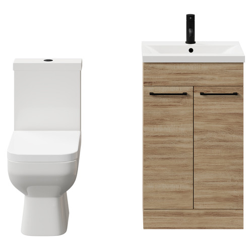 Turin Bordalino Oak 500mm Floor Standing Vanity Unit and Toilet Suite with 1 Tap Hole Basin and 2 Doors with Matt Black Handles Front View