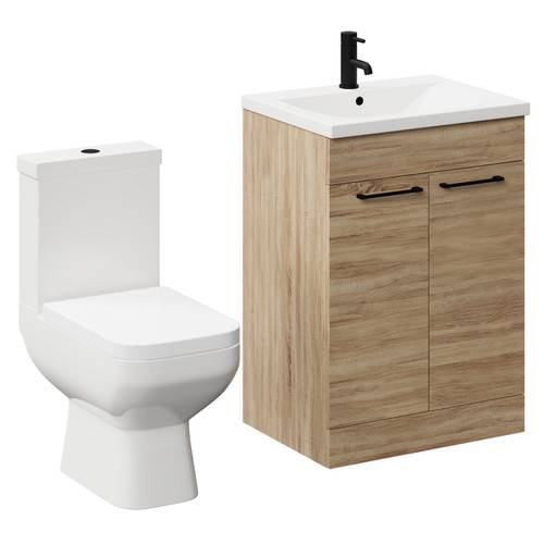 Turin Bordalino Oak 600mm Floor Standing Vanity Unit and Toilet Suite with 1 Tap Hole Basin and 2 Doors with Matt Black Handles Left Hand View