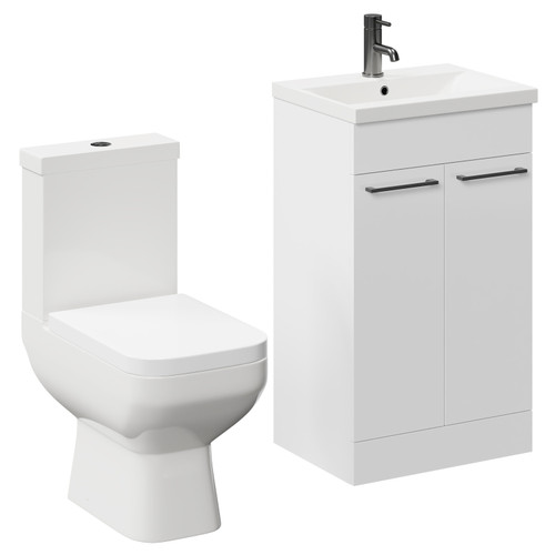 Turin Gloss White 500mm Floor Standing Vanity Unit and Toilet Suite with 1 Tap Hole Basin and 2 Doors with Gunmetal Grey Handles Left Hand View