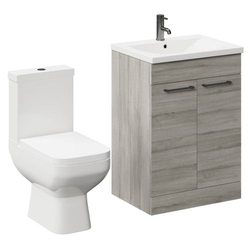 Turin Molina Ash 600mm Floor Standing Vanity Unit and Toilet Suite with 1 Tap Hole Basin and 2 Doors with Gunmetal Grey Handles Left Hand View