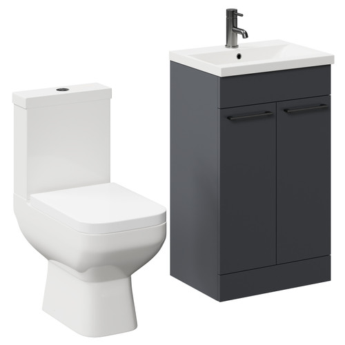 Turin Gloss Grey 500mm Floor Standing Vanity Unit and Toilet Suite with 1 Tap Hole Basin and 2 Doors with Gunmetal Grey Handles Left Hand View