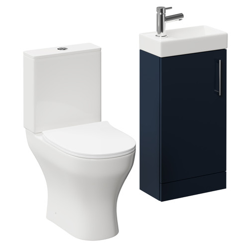 Napoli Compact Deep Blue 400mm Cloakroom Vanity Unit and Toilet Suite including Jubilee Open Back Toilet and Floor Standing Vanity Unit with Single Door and Polished Chrome Handle Left Hand View