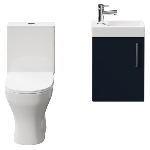 Napoli Compact Deep Blue 400mm Cloakroom Vanity Unit and Toilet Suite including Jubilee Open Back Toilet and Wall Mounted Vanity Unit with Single Door and Polished Chrome Handle Front View