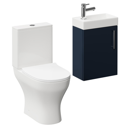 Napoli Compact Deep Blue 400mm Cloakroom Vanity Unit and Toilet Suite including Jubilee Open Back Toilet and Wall Mounted Vanity Unit with Single Door and Polished Chrome Handle Left Hand View