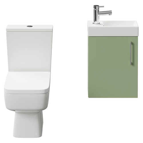 Napoli Compact Olive Green 400mm Cloakroom Vanity Unit and Toilet Suite including Paulo Toilet and Wall Mounted Vanity Unit with Single Door and Polished Chrome Handle Front View