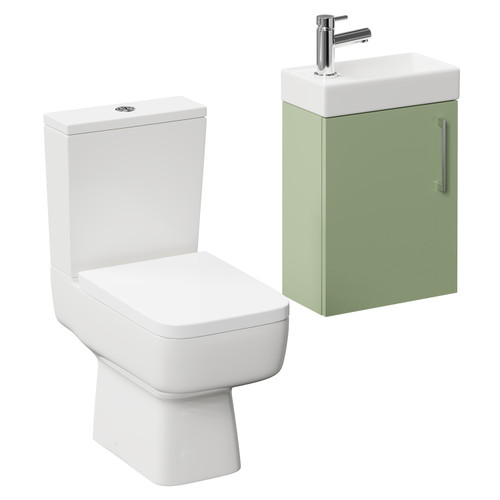 Napoli Compact Olive Green 400mm Cloakroom Vanity Unit and Toilet Suite including Paulo Toilet and Wall Mounted Vanity Unit with Single Door and Polished Chrome Handle Left Hand View