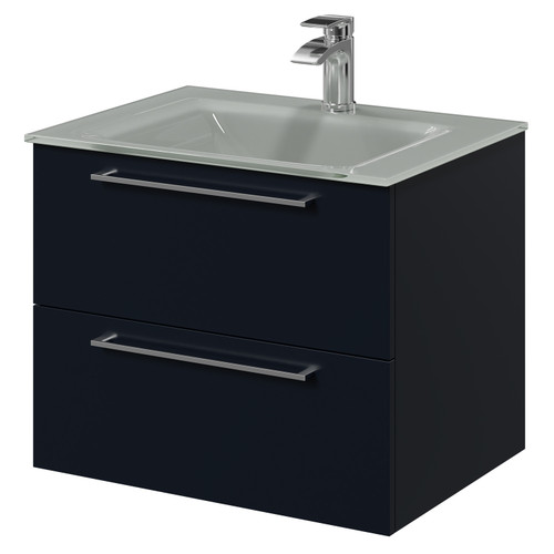 Venice Deep Blue 600mm Wall Mounted Vanity Unit with Grey Glass 1 Tap Hole Basin and 2 Drawers with Polished Chrome Handles Right Hand View