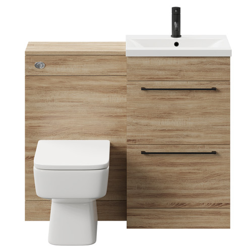 Napoli Bordalino Oak 1000mm Vanity Unit Toilet Suite with 1 Tap Hole Basin and 2 Drawers with Matt Black Handles Front View