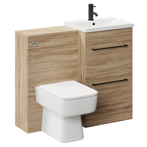 Napoli Bordalino Oak 1000mm Vanity Unit Toilet Suite with 1 Tap Hole Basin and 2 Drawers with Matt Black Handles Left Hand View