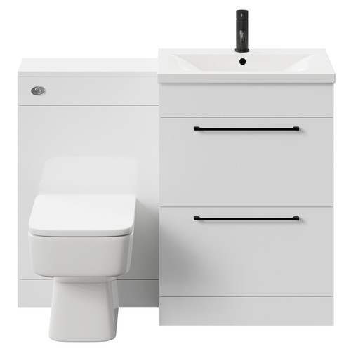 Napoli Gloss White 1100mm Vanity Unit Toilet Suite with 1 Tap Hole Basin and 2 Drawers with Matt Black Handles Front View