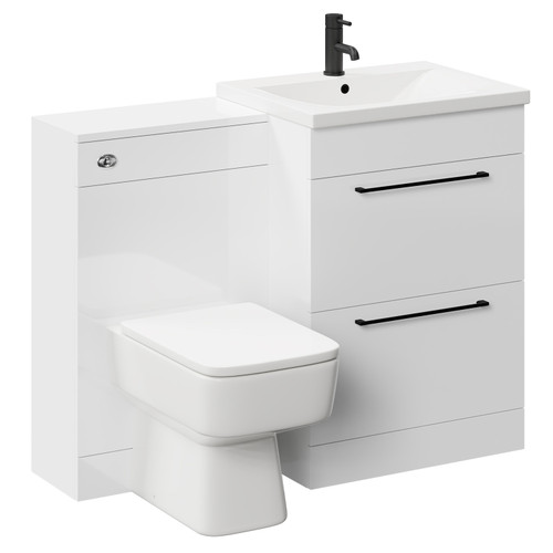 Napoli Gloss White 1100mm Vanity Unit Toilet Suite with 1 Tap Hole Basin and 2 Drawers with Matt Black Handles Left Hand View