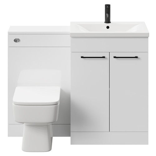 Napoli Gloss White 1100mm Vanity Unit Toilet Suite with 1 Tap Hole Basin and 2 Doors with Matt Black Handles Front View