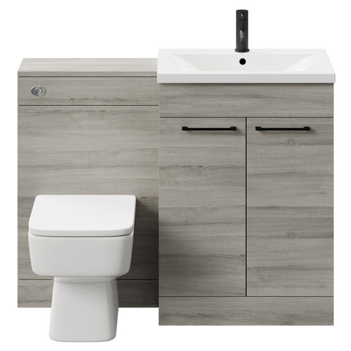 Napoli Molina Ash 1100mm Vanity Unit Toilet Suite with 1 Tap Hole Basin and 2 Doors with Matt Black Handles Front View