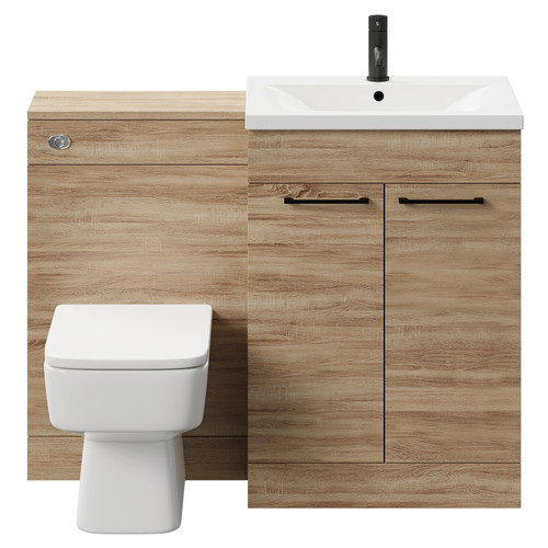 Napoli Bordalino Oak 1100mm Vanity Unit Toilet Suite with 1 Tap Hole Basin and 2 Doors with Matt Black Handles Front View