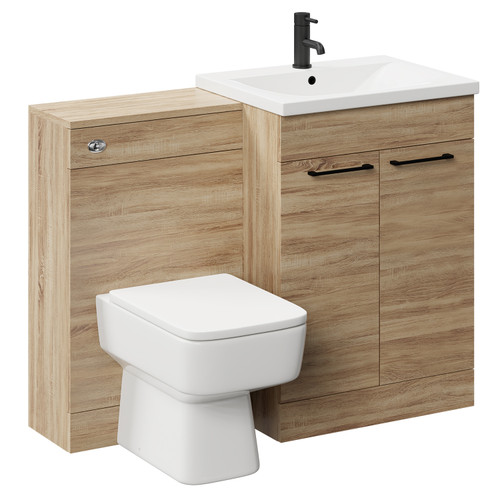 Napoli Bordalino Oak 1100mm Vanity Unit Toilet Suite with 1 Tap Hole Basin and 2 Doors with Matt Black Handles Left Hand View