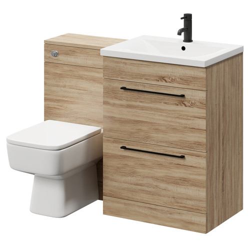 Napoli Bordalino Oak 1100mm Vanity Unit Toilet Suite with 1 Tap Hole Basin and 2 Drawers with Matt Black Handles Right Hand View